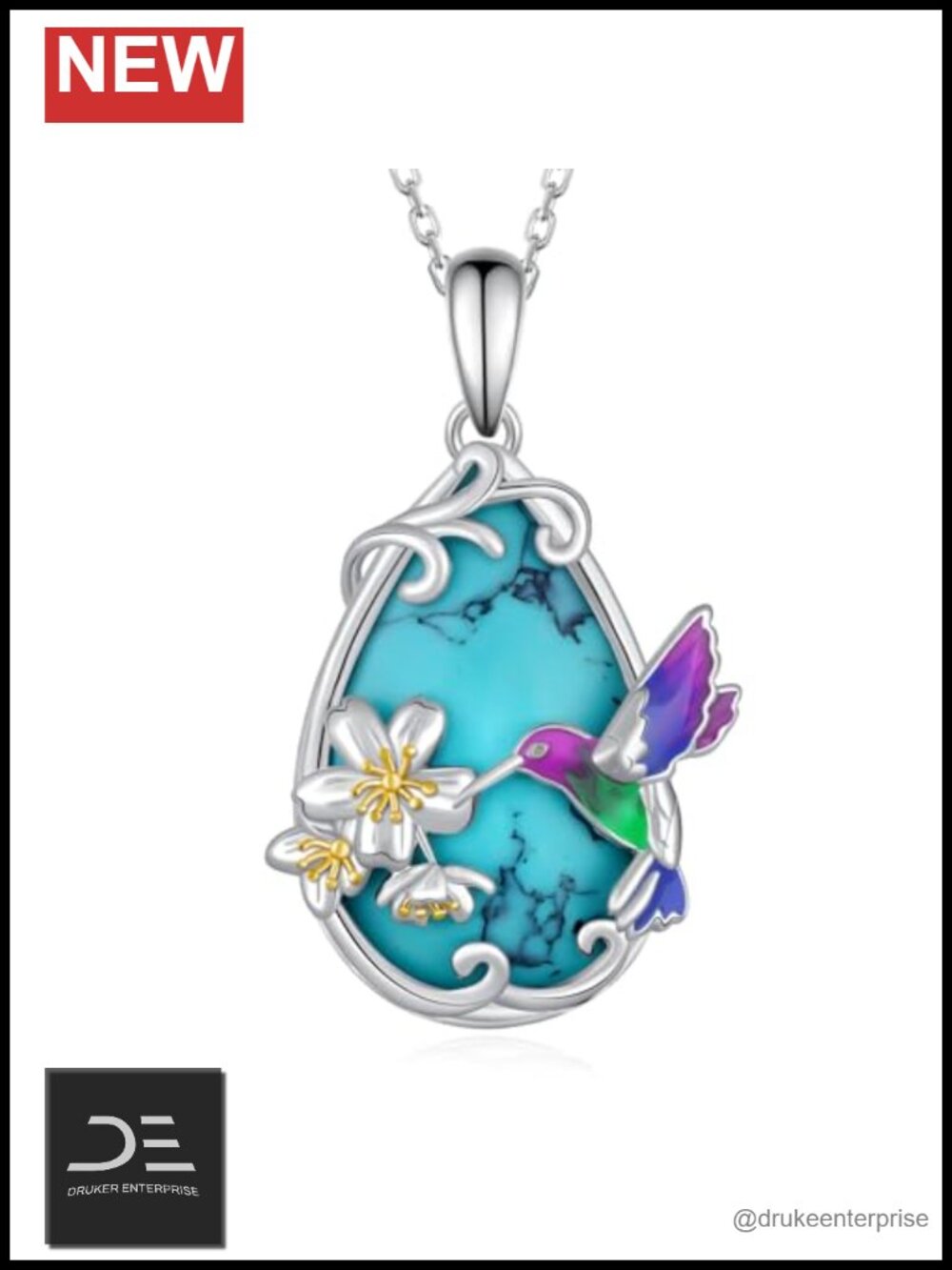 S925 Sterling Silver Hummingbird Pendant Necklace Turquoise Jewelry
